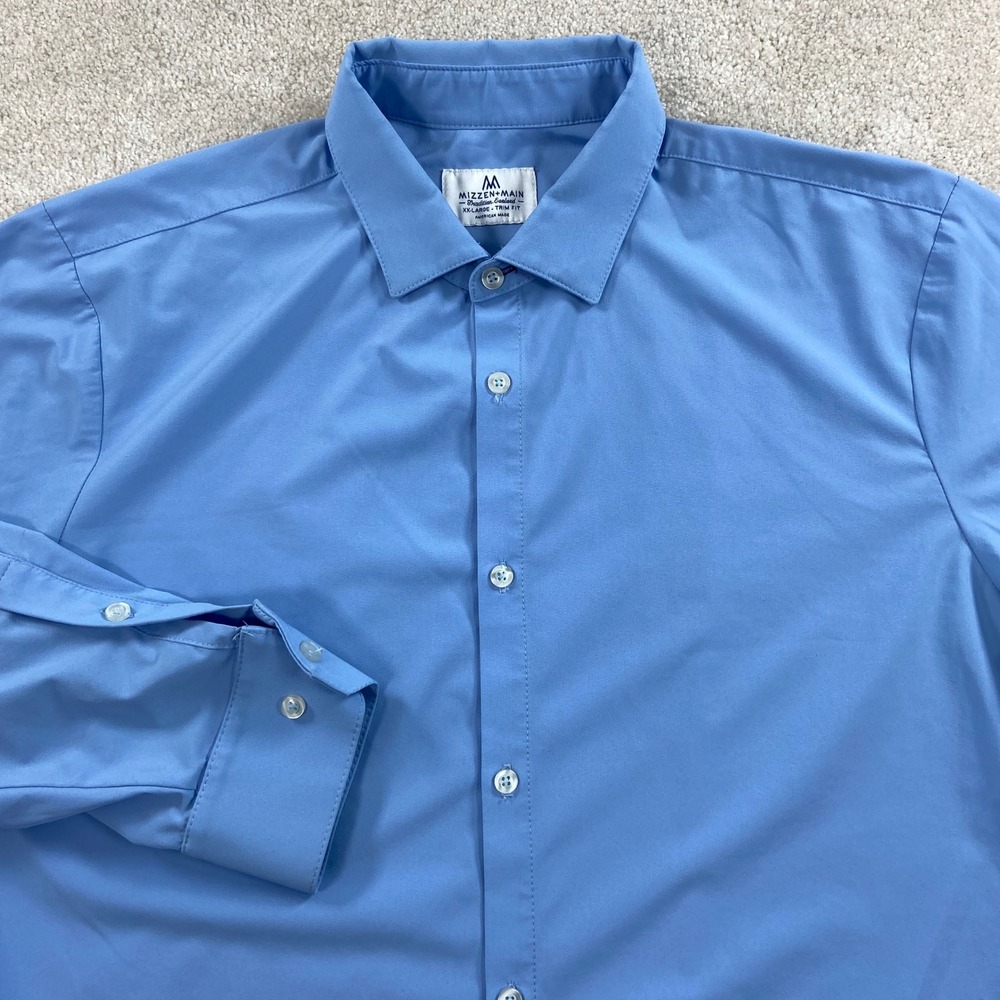 Mizzen Main Dress Shirt Mens 2XL Blue Trim Fit Performance Spandex Long Sleeve